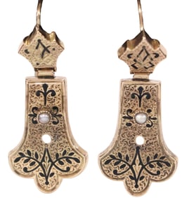 ESTATE VICTORIAN 14KT GOLD TAILLE D'EPARGNE ENAMELED EARRINGS