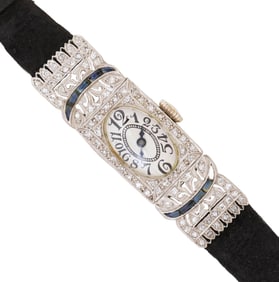 ESTATE ART DECO PERIOD DIAMOND & BLUE SAPPHIRE WATCH