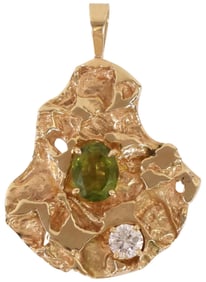 LARGE ESTATE 14KT YELLOW GOLD, DIAMOND & PERIDOT PENDANT