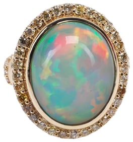 ESTATE 14KT YELLOW GOLD, OPAL CABOCHON & DIAMOND RING