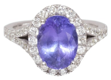 ESTATE 14KT WHITE GOLD, 2.88 CT TANZANITE & 1.50 CTTW DIAMOND HALO RING