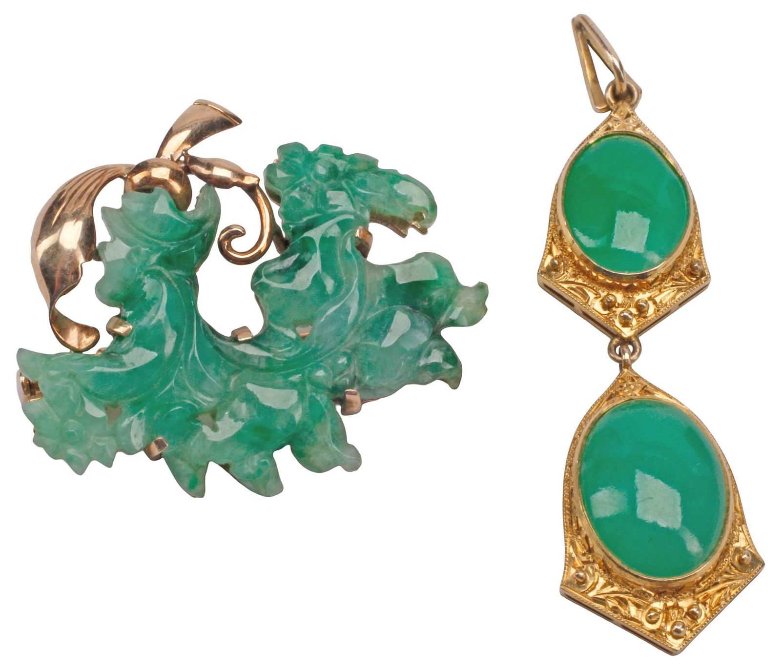 (2) ESTATE 14KT YELLOW GOLD & JADEITE FOLIATE BROOCH & DROP PENDANT (1 of 5)