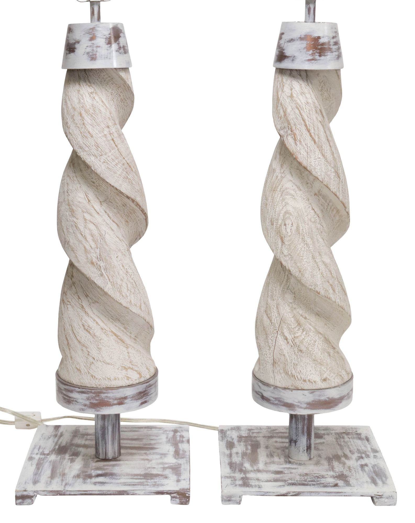 (2) JULIA BUCKINGHAM FOR GLOBAL VIEWS TWISTED COLUMN 1-LIGHT TABLE LAMPS: (pair) Contemporary whitewashed one-light table lamps, Julia Buckingham for Global Views, late 20th c., each having twisted wood column, ending on square metal plinth, retaining maker's tag underfoot,