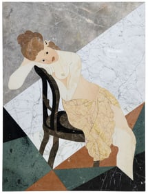 LARGE PIETRA DURA INLAID MARBLE ART PLAQUE, SEATED NUDE, 52" X 39.25"