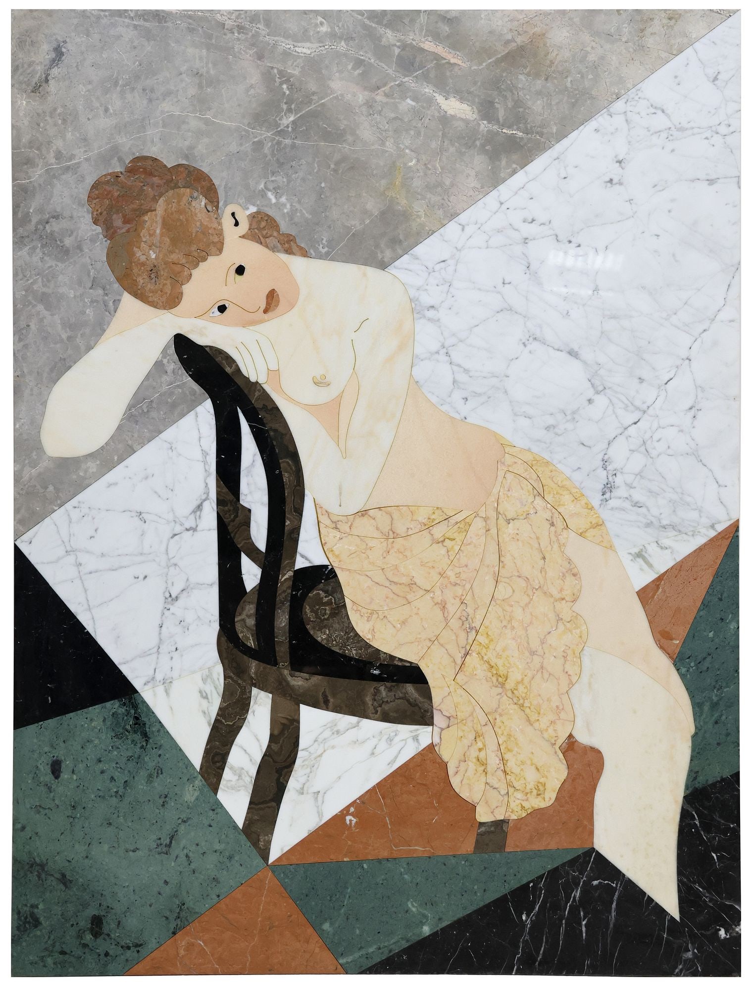 LARGE PIETRA DURA INLAID MARBLE ART PLAQUE, SEATED NUDE, 52" X 39.25": Large pietra dura inlaid marble wall art, Nude Draped Over Chair, overall: 52"h, 39.25"w, 26lbs