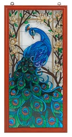 FRAMED TIFFANY STYLE STAINED & LEADED GLASS PEACOCK PANEL, 40" X 20"