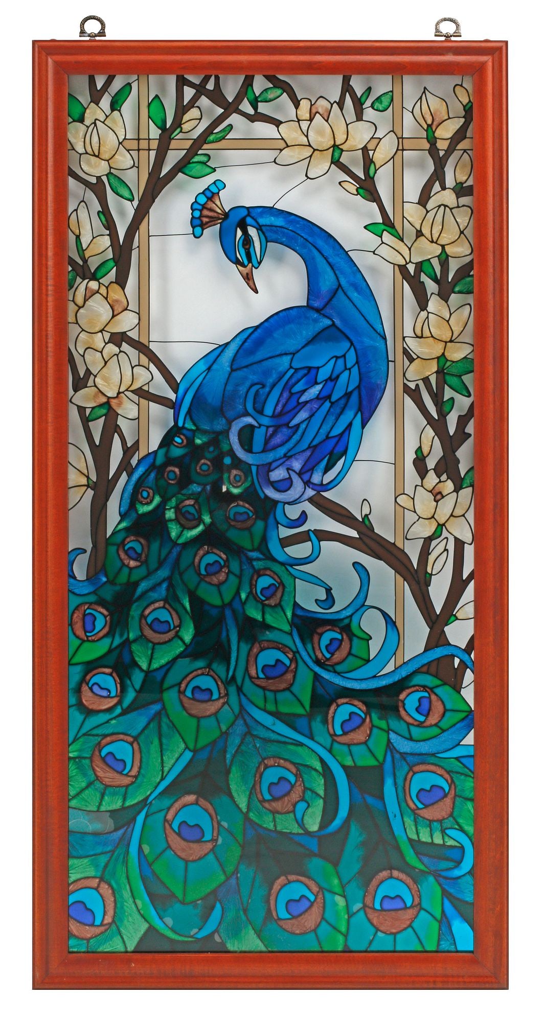 FRAMED TIFFANY STYLE STAINED & LEADED GLASS PEACOCK PANEL, 40" X 20": Framed Tiffany style stained and leaded glass panel, depicting a male peacock with polychrome tail feathers, framed by flowering branches, sight: approx 37"h, 17"w, overall: approx 40"h, 20"w, 9.5lbs