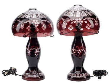 (2) ART NOUVEAU STYLE RUBY CUT-TO-CLEAR GLASS MUSHROOM TABLE LAMPS
