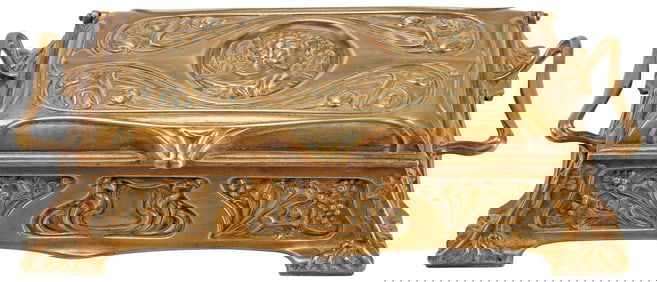ART NOUVEAU STYLE BRONZE PORTRAIT DOUBLE INKWELL BOX
