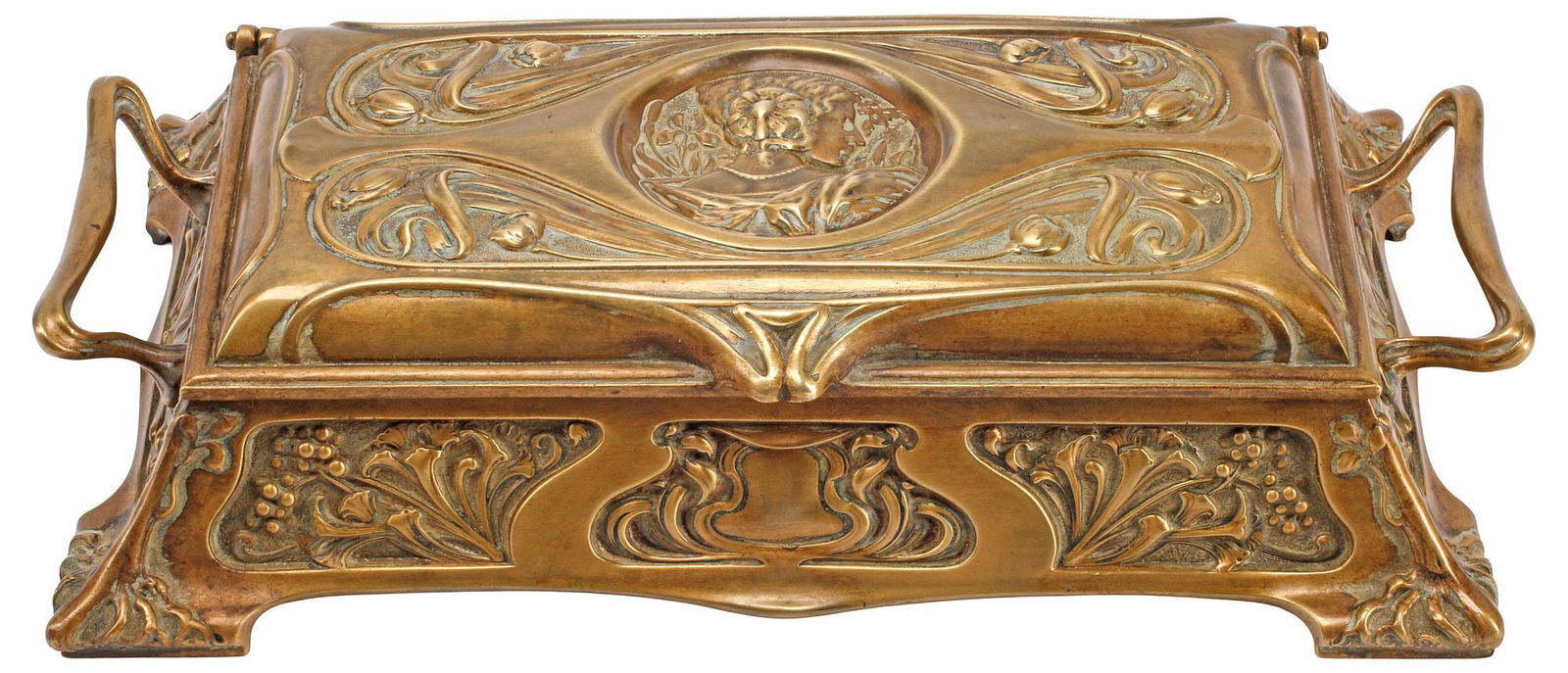 ART NOUVEAU STYLE BRONZE PORTRAIT DOUBLE INKWELL BOX (1 of 5)