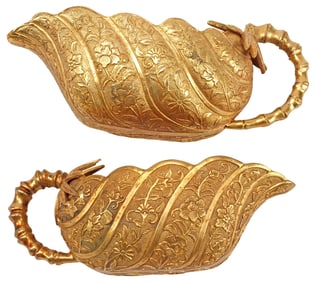 (2) CHINESE GILT BRONZE LEAF-FORM FAUX BAMBOO CREAMERS