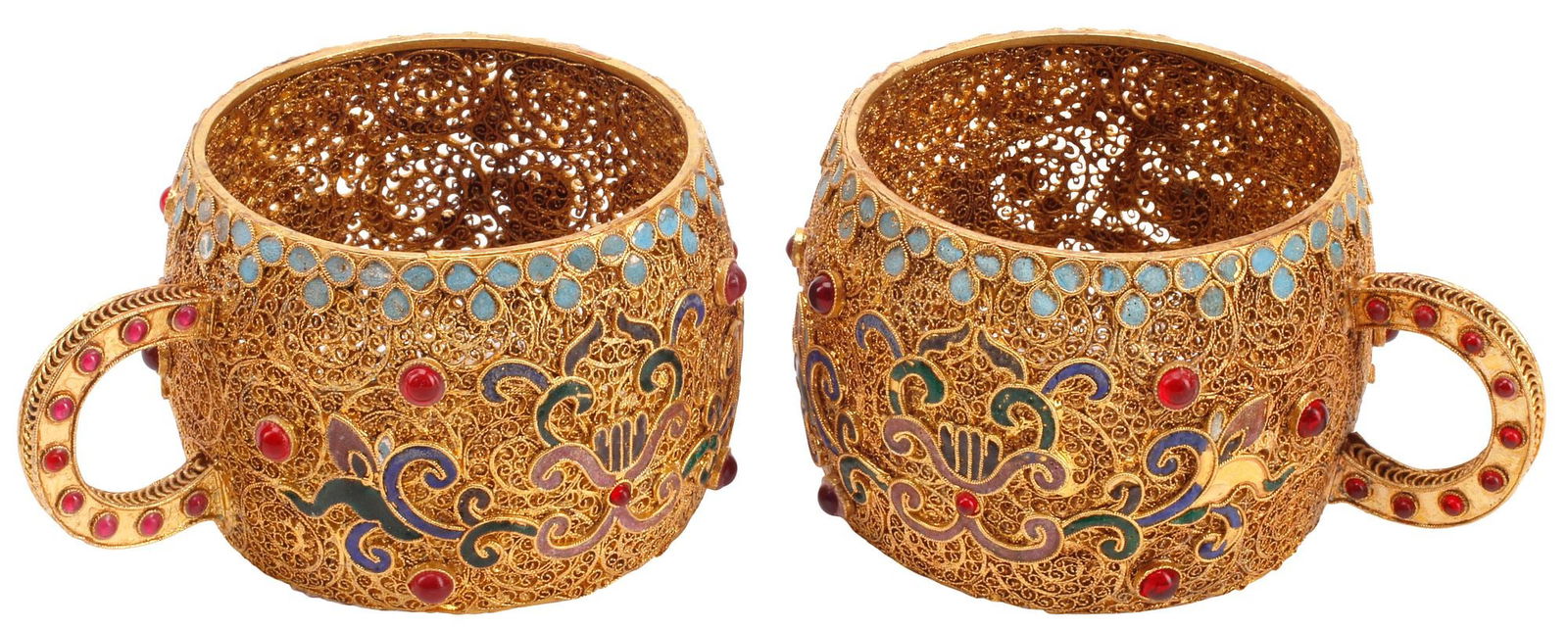 (2) JEWELED & ENAMELED GILT METAL FILIGREE CUP HOLDERS: (pair) Jeweled and enameled gilt-metal cup holders, each having pierced filigree body with looped handle, scattered loss to enamel finish, approx 2.5"h, 5"w, 3.5"d, 1lb total