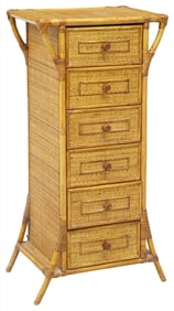 FRENCH FAUX BAMBOO & WOVEN RATTAN NARROW CHEST OF DRAWERS