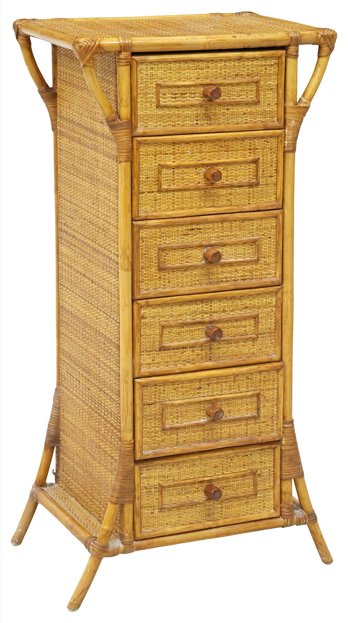 FRENCH FAUX BAMBOO & WOVEN RATTAN NARROW CHEST OF DRAWERS (1 of 5)