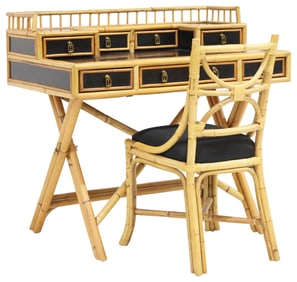 (2) E. MURIO (ATTRIB.) BAMBOO & LACQUER CAMPAIGN STYLE DESK & CHAIR