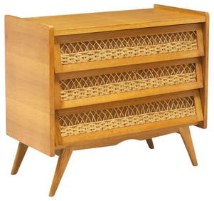 FRENCH MID-CENTURY MODERN OAK & RATTAN 3-DRAWER COMMODE