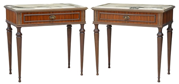 (2) ITALIAN MID-CENTURY MODERN MARBLE-TOP MAHOGANY NIGHTSTANDS