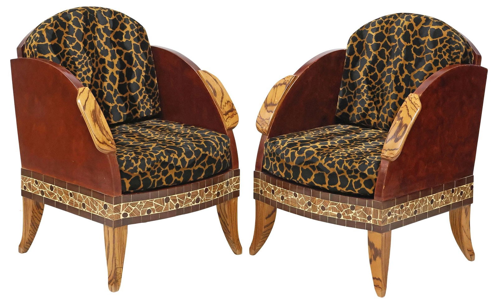 (2) ART DECO STYLE UPHOLSTERED & INLAID BURLWOOD CLUB CHAIRS (1 of 5)