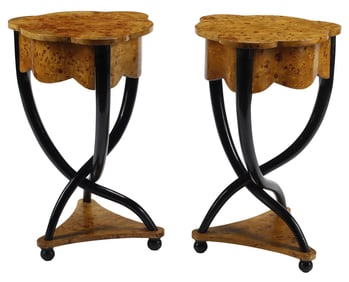 (2) BIEDERMEIER STYLE PARCEL EBONIZED BURLWOOD SIDE TABLES