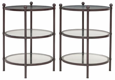 (2) CONTEMPORARY WROUGHT IRON & GLASS 3-TIER SIDE TABLES