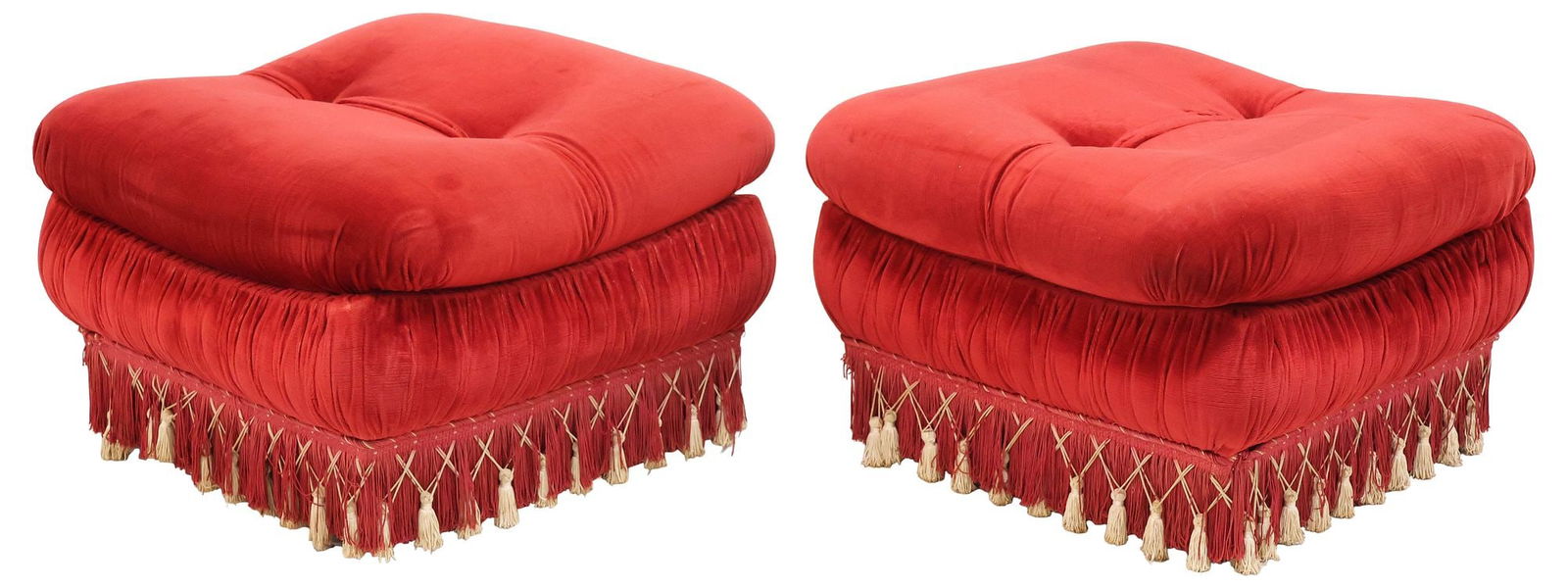 (2) RED UPHOLSTERED FOOTSTOOLS / OTTOMANS WITH TASSEL TRIM (1 of 4)