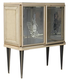 UMBERTO MASCAGNI (ATTRIB.) UPHOLSTERED ALUMINUM & GLASS BAR CABINET