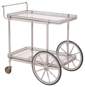 FRENCH SILVER-TONED METAL & GLASS TWO-TIER SERVICE CART
