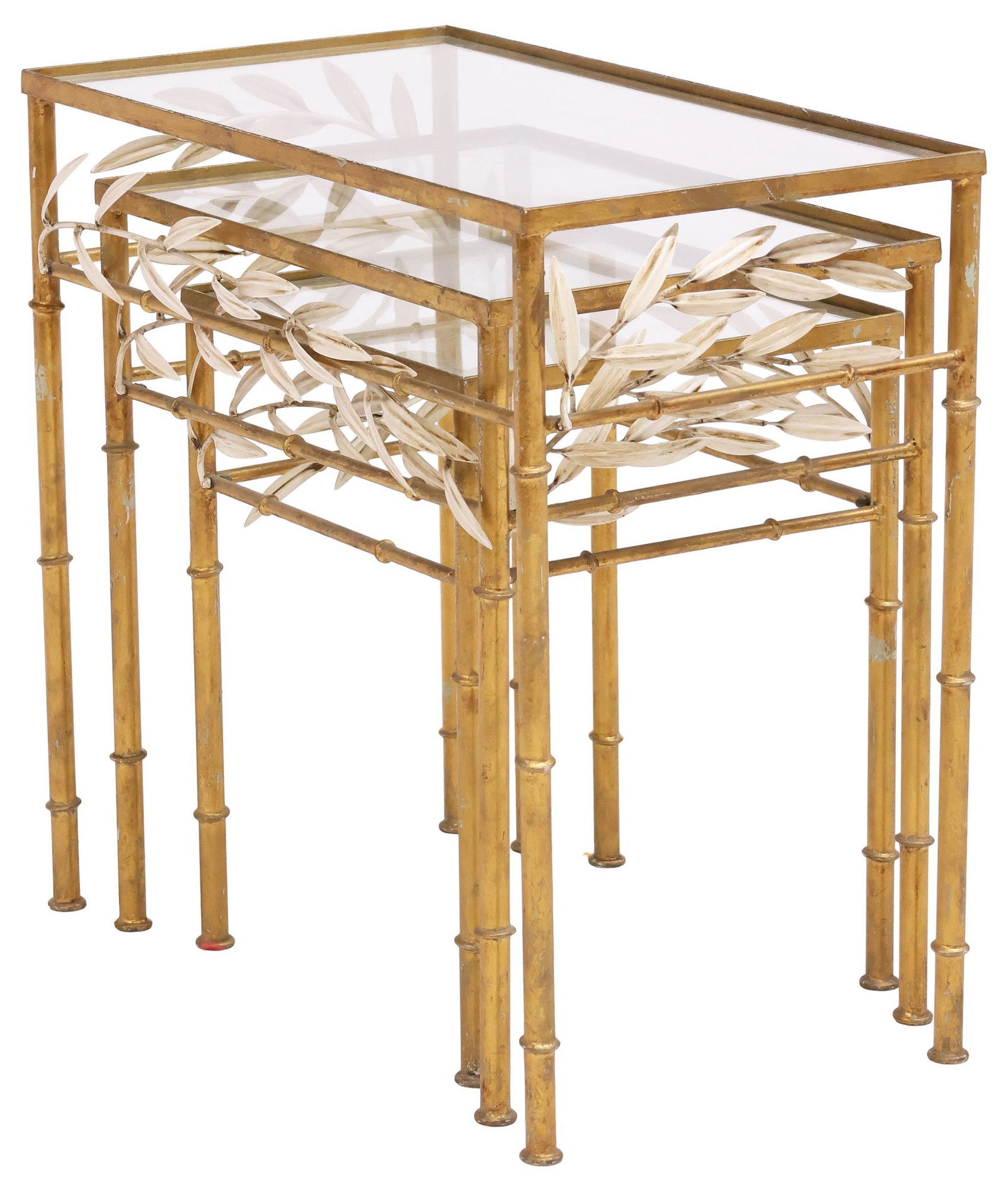 (3) FRENCH GLASS-TOP GILT IRON FAUX BAMBOO NESTING TABLES (1 of 4)