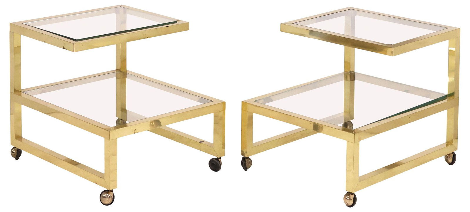 (2) FRENCH MODERN GILT METAL & GLASS 2-TIER SIDE TABLES ON CASTERS (1 of 4)