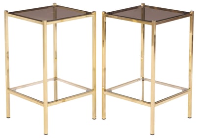 (2) FRENCH GILT-METAL & SMOKED GLASS 2-TIER SIDE TABLES