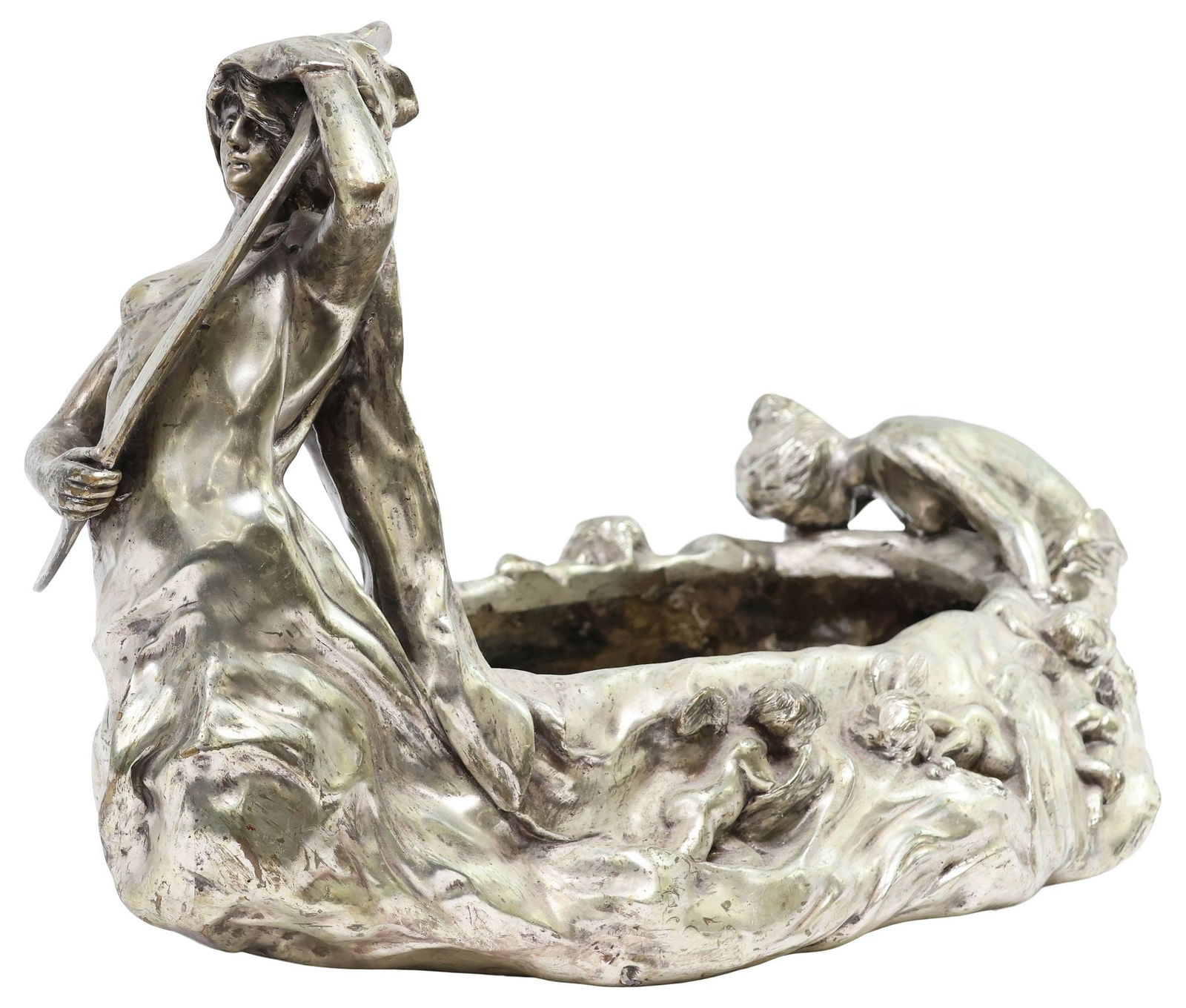AFTER PIERRE ETIENNE CAMPAGNE (D.1914) SILVERED BRONZE FIGURAL CENTERPIECE: Large silvered bronze metal centerpiece, after Pierre Etienne Daniel Campagne (French, 1851-1914), modeled as a draped female figure holding large crescent, above ovular undulating basin with two recl