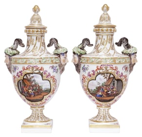 (2) DRESDEN PORCELAIN CASSOLETTES / URNS, CONVERTIBLE CANDLE HOLDER