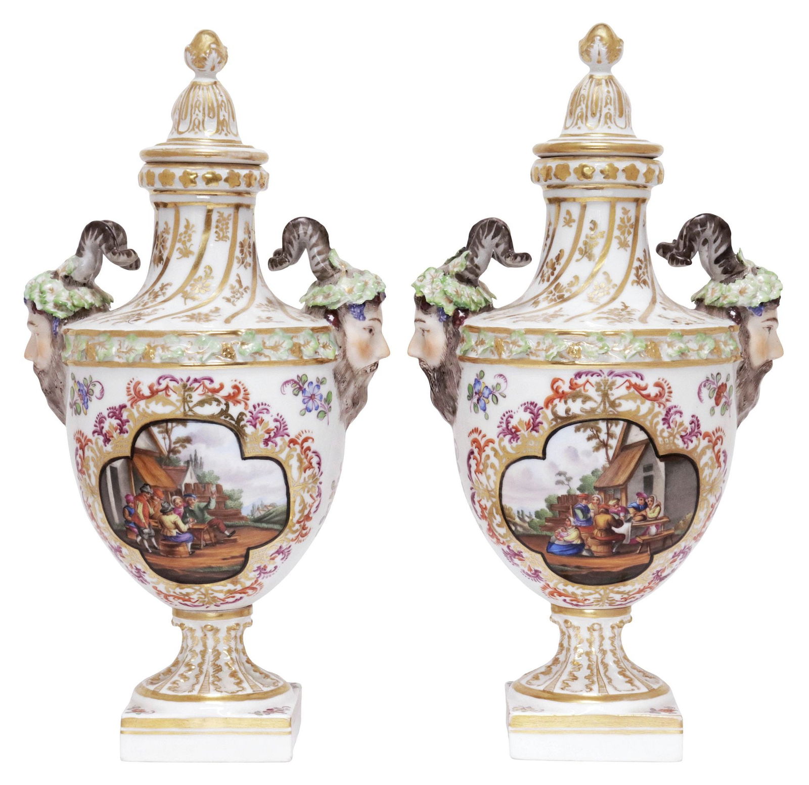 (2) DRESDEN PORCELAIN CASSOLETTES / URNS, CONVERTIBLE CANDLE HOLDER: (pair) Dresden parcel gilt porcelain bolted urns, possibly Helena Wolfsohn, late 19thc., reversible lid with finial or candle cup, satyr mask handles wearing bacchanalian grapevine crowns, hand-painte