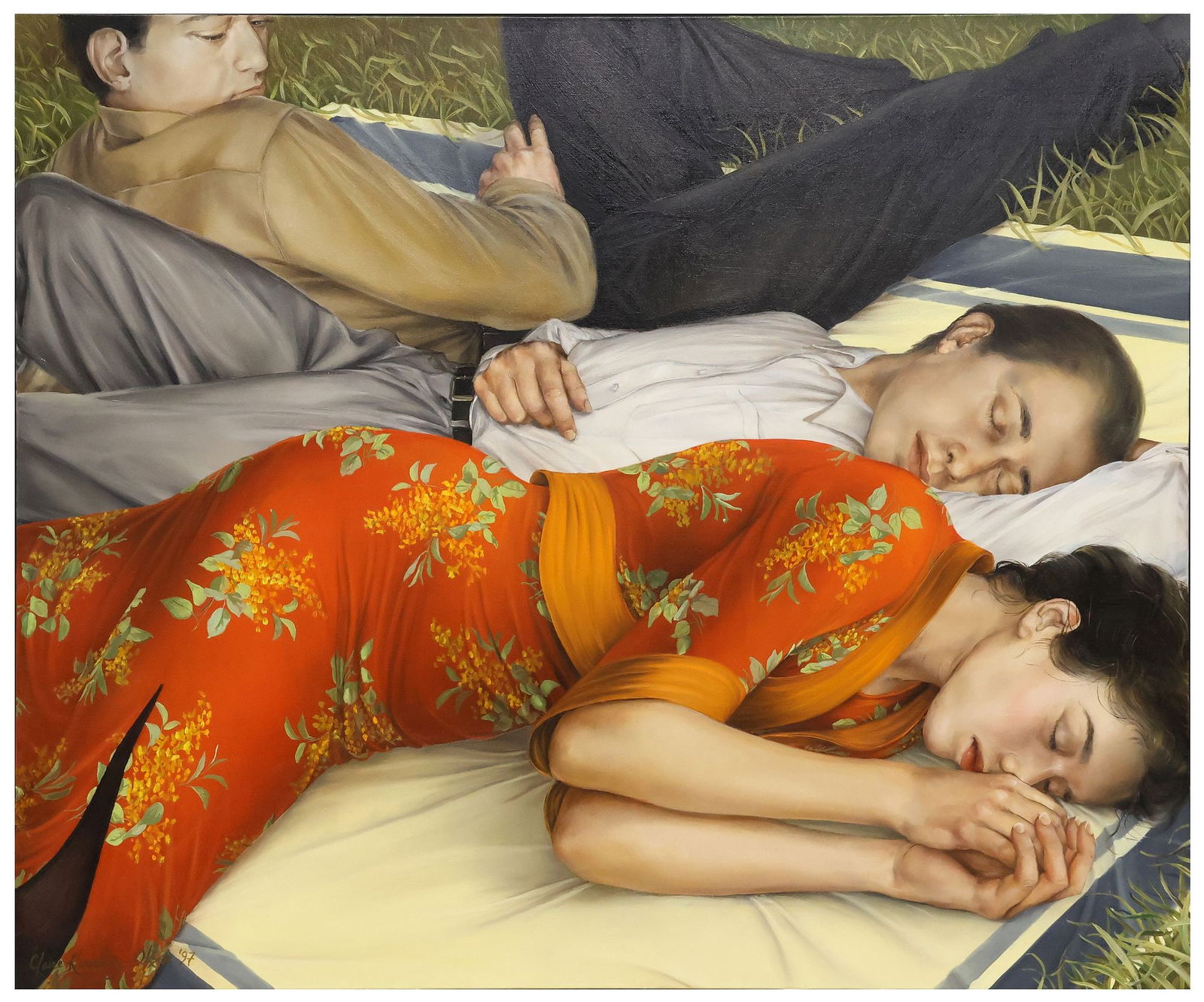 CLAIRE KLAREWICZ-OKSER (B.1955) 'ELABORATION OF A SUMMER AFTERNOON' REALIST PAINTING, 40" X 48": Framed oil on linen canvas painting, "Elaboration of a Summer Afternoon," signed lower left Claire Klarewicz-Okser (New York, b.1955), dated [19]97, titled artist label verso, retaining Weschler's auc