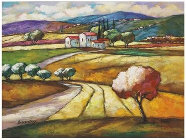 SLAVA BRODINSKY (B.1955) LANDSCAPE WITH ROLLING HILLS MIXED MEDIA PAINTING, 36" X 48"