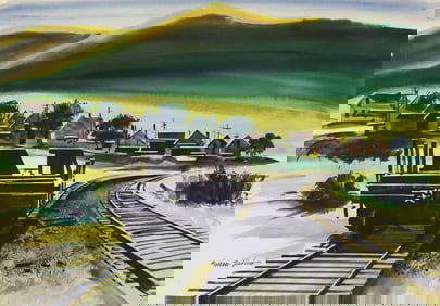 EDWIN FULWIDER (1913-2003) WATERCOLOR TRAIN PAINTING, 'FLATCAR'