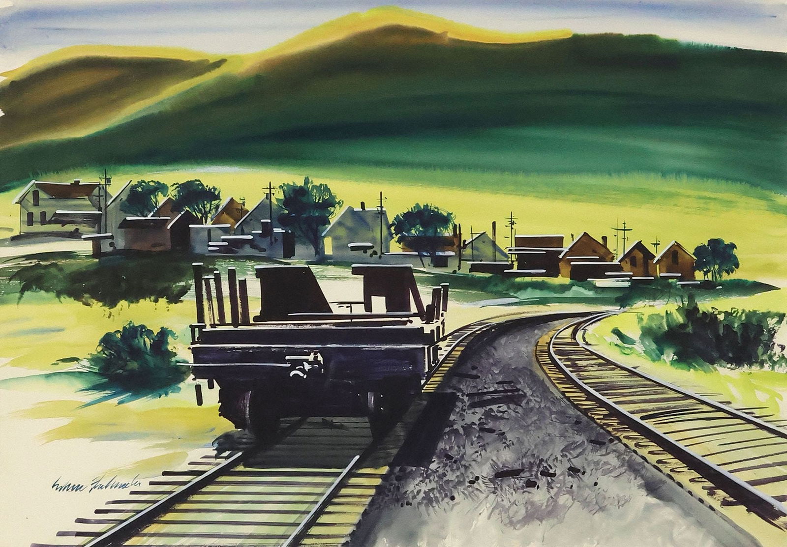 EDWIN FULWIDER (1913-2003) WATERCOLOR TRAIN PAINTING, 'FLATCAR' (1 of 4)