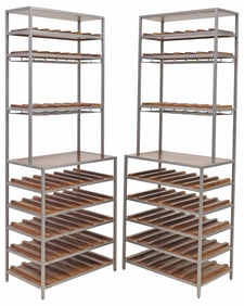 (2) FOUR HANDS (ATTRIB) STEEL & WOOD 48-BOTTLE WINE / STEMWARE STORAGE RACKS