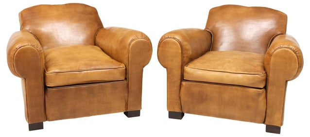 (2) FRENCH ART DECO PERIOD TAN LEATHER CLUB CHAIRS
