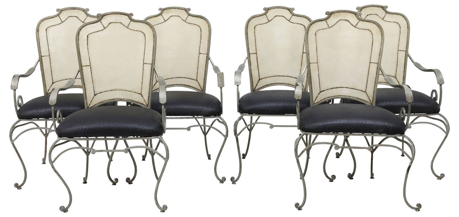 (6) ITALIAN MID-CENTURY MODERN IRON & FAUX OSTRICH LEATHER DINING CHAIRS: (lot of 6) Italian mid-century modern dining chairs, 20th c., having white animal hide back with textured ornamentation, over embossed faux ostrich leather upholstery, silver-tone painted iron frame,