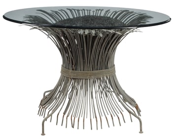MODERN GLASS-TOP WROUGHT IRON SHEAVES OF WHEAT PEDESTAL TABLE