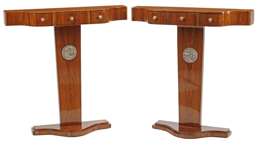 (2) ART DECO STYLE 3-DRAWER CONSOLE TABLES WITH METAL PLAQUE