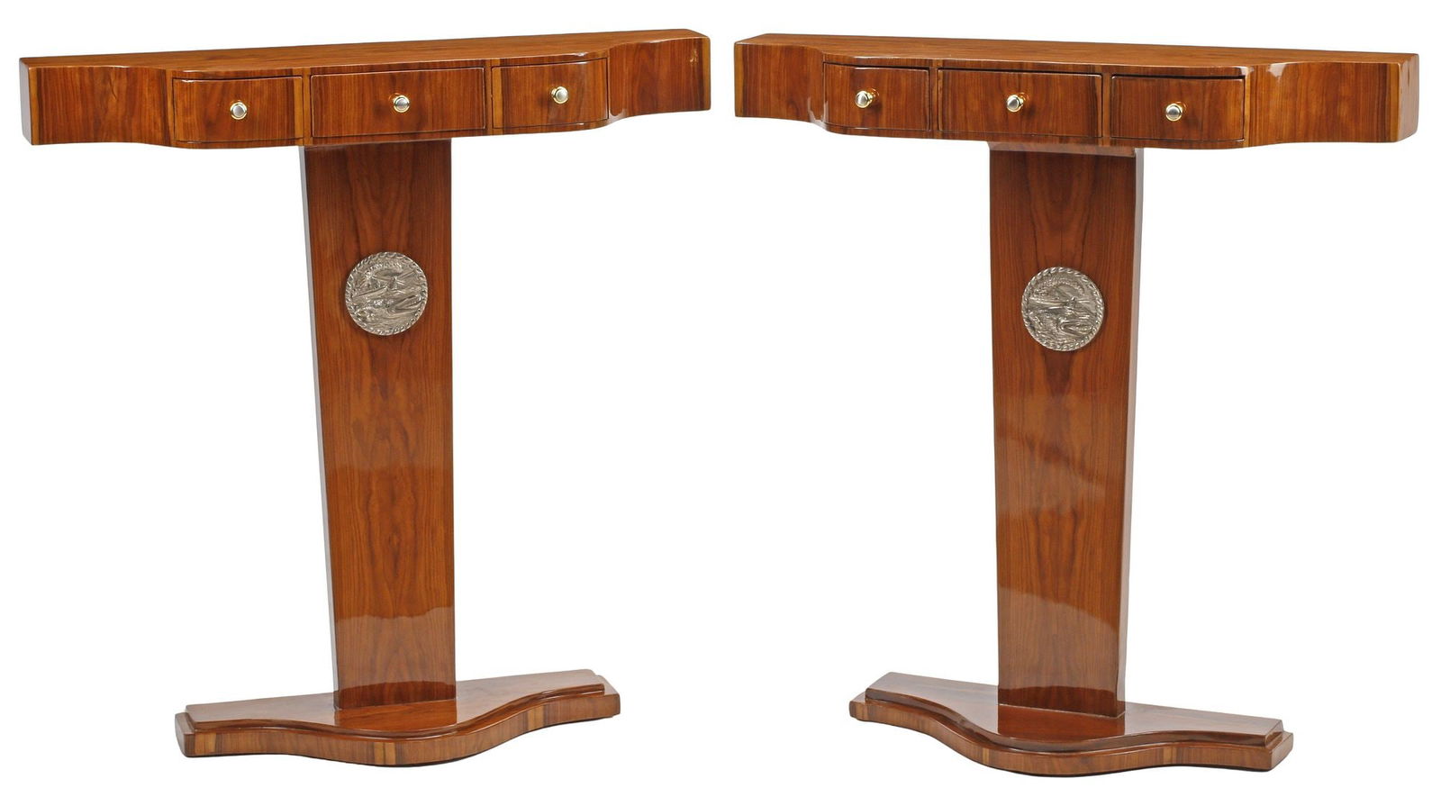 (2) ART DECO STYLE 3-DRAWER CONSOLE TABLES WITH METAL PLAQUE (1 of 5)