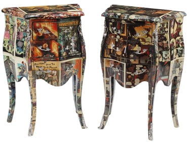 (2) MODERN COMIC BOOK VENEERED 3-DRAWER NIGHTSTANDS