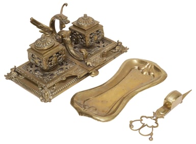 (3) ENGLISH VICTORIAN GILT BRASS DESK STAND, CANDLE SNUFFERS & PEN REST