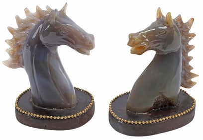 (2) CARVED AGATE SCULPTURES OF HORSE HEADS ON WOOD BASES