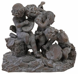 AFTER PETRILLI (D.1930) BRONZE SCULPTURE, THREE MUSICAL PUTTI, 24"H