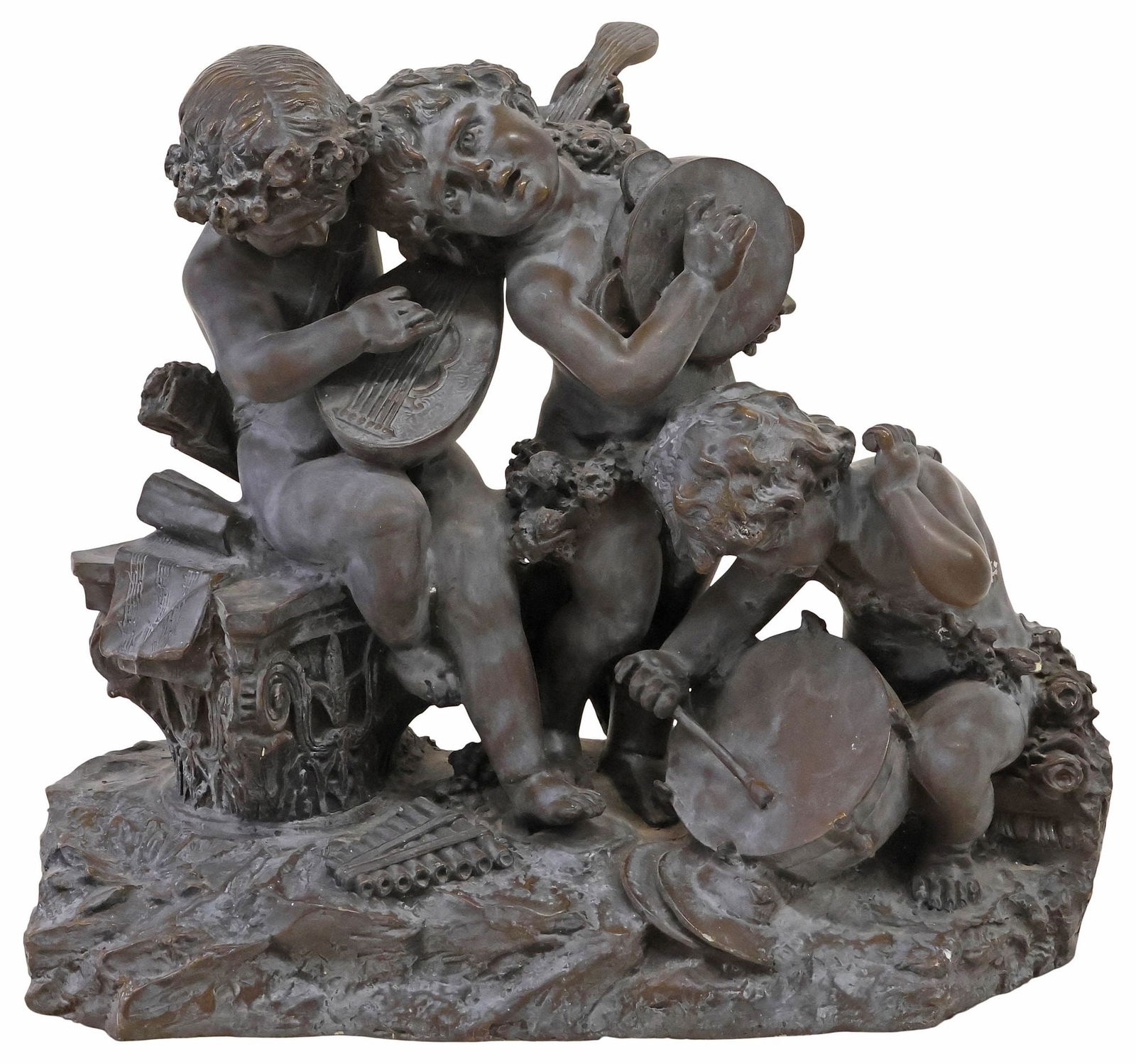 AFTER PETRILLI (D.1930) BRONZE SCULPTURE, THREE MUSICAL PUTTI, 24"H (1 of 6)