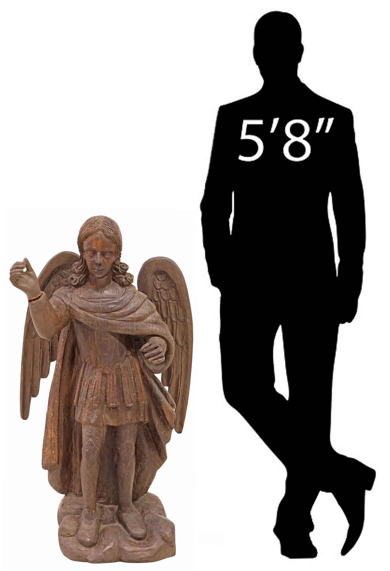 LARGE SPANISH COLONIAL CARVED SANTO ALTAR FIGURE, ARCHANGEL GABRIEL, 39"H: Large Spanish Colonial carved wood altar figure/ santo, Archangel Gabriel, likely Guatemalan, 18th/ 19th c., with outstretched wings and both hands raised, on integral cloud-shaped base, approx 39"h,