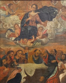 SPANISH COLONIAL SCHOOL OIL PAINTING, ASSUMPTION OF MARY INTO HEAVEN